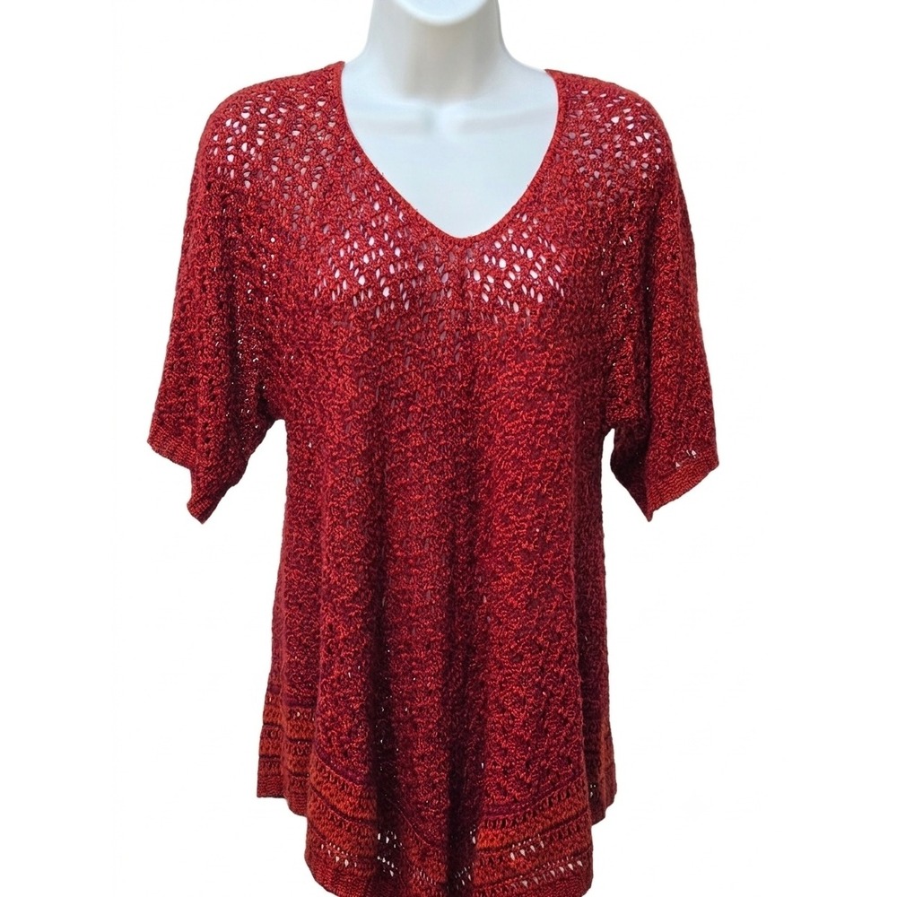 Faded Glory Womens Red Marl Knit V-Neck Short Sleeve Sweater Top Large 12-14